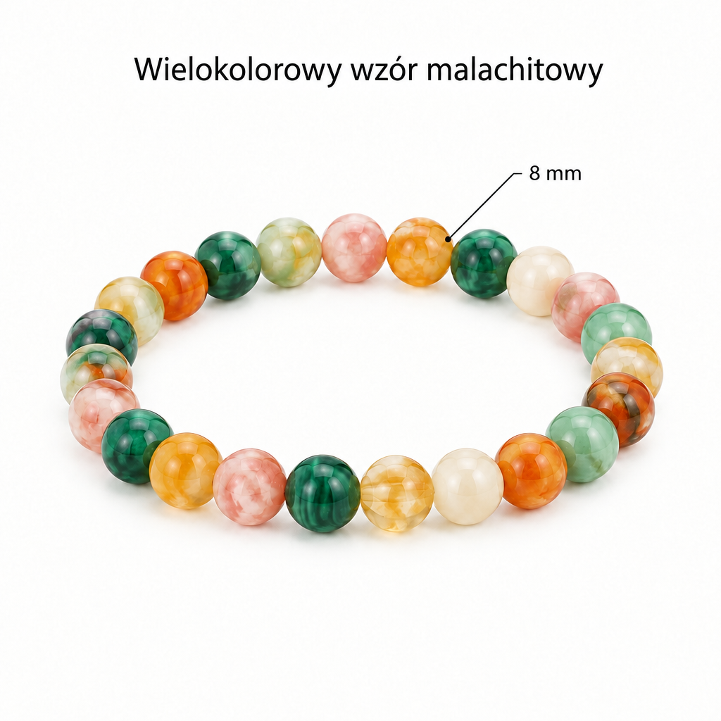 Bransoletka wielokolorowy wzor malachitowy, specyfikacja po polsku, koraliki 8 mm