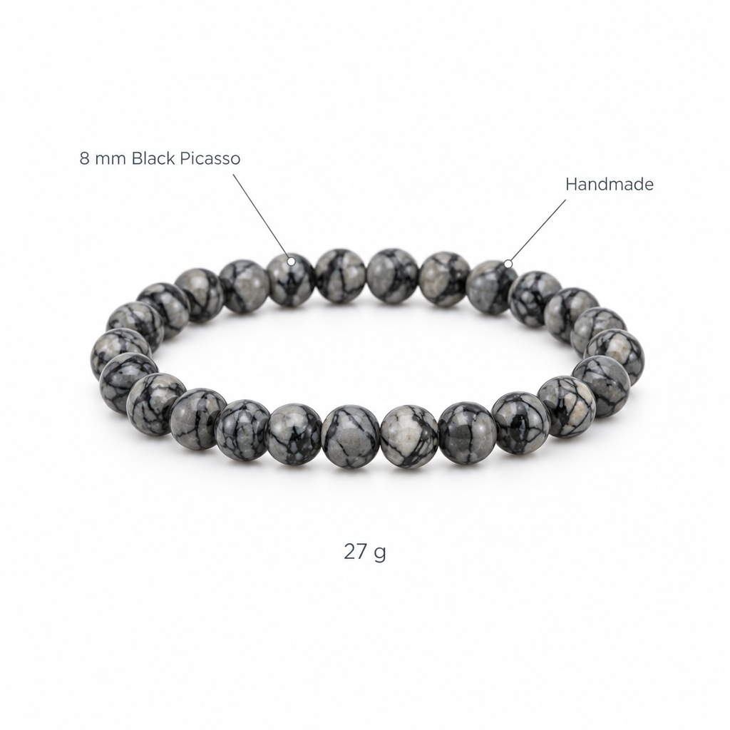 Bransoletka z czarnego picasso jaspisu, specyfikacja na bialym tle, 8 mm Black Picasso, Handmade, 27 g