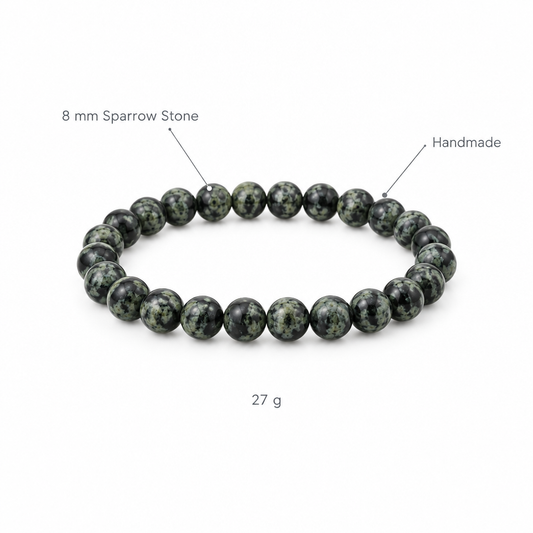 Bransoletka z kamienia wróblowego, specyfikacja na bialym tle, 8 mm Sparrow Stone, Handmade, 27 g
