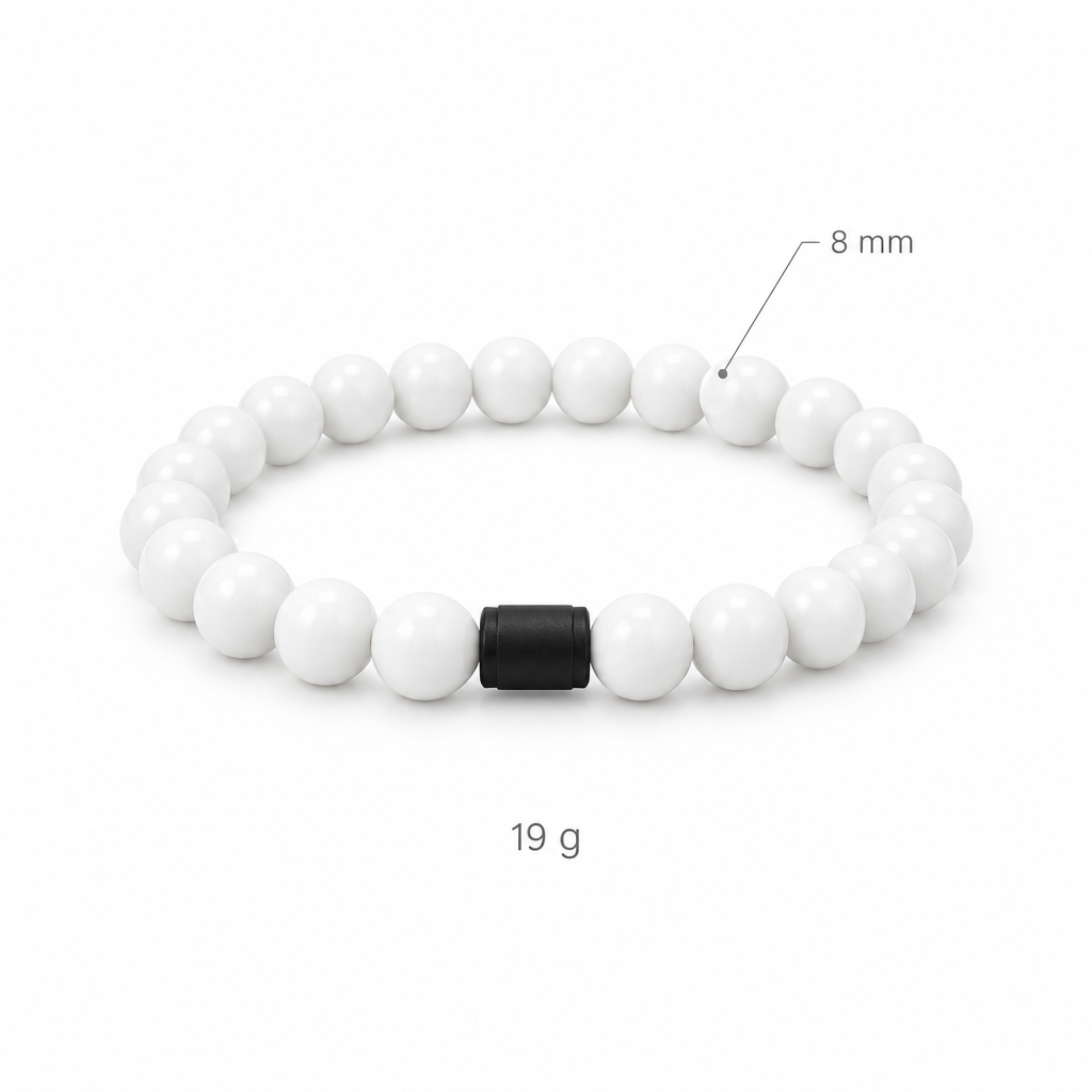 Bransoletka z porcelanowo bidego kamienia, specyfikacja na bialym tle, 8 mm, 19 g
