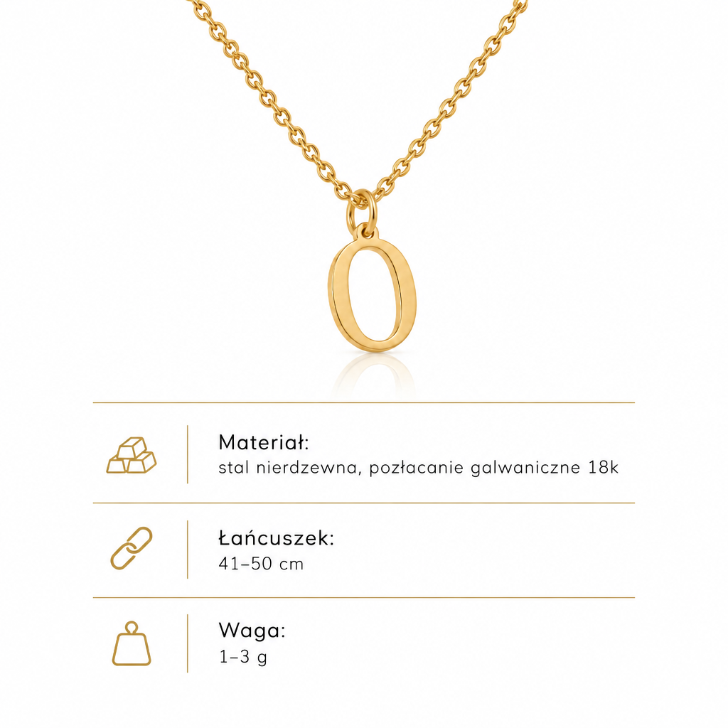 Specyfikacja złotego naszyjnika z literą O: łańcuszek 41–50 cm, waga 1–3 g