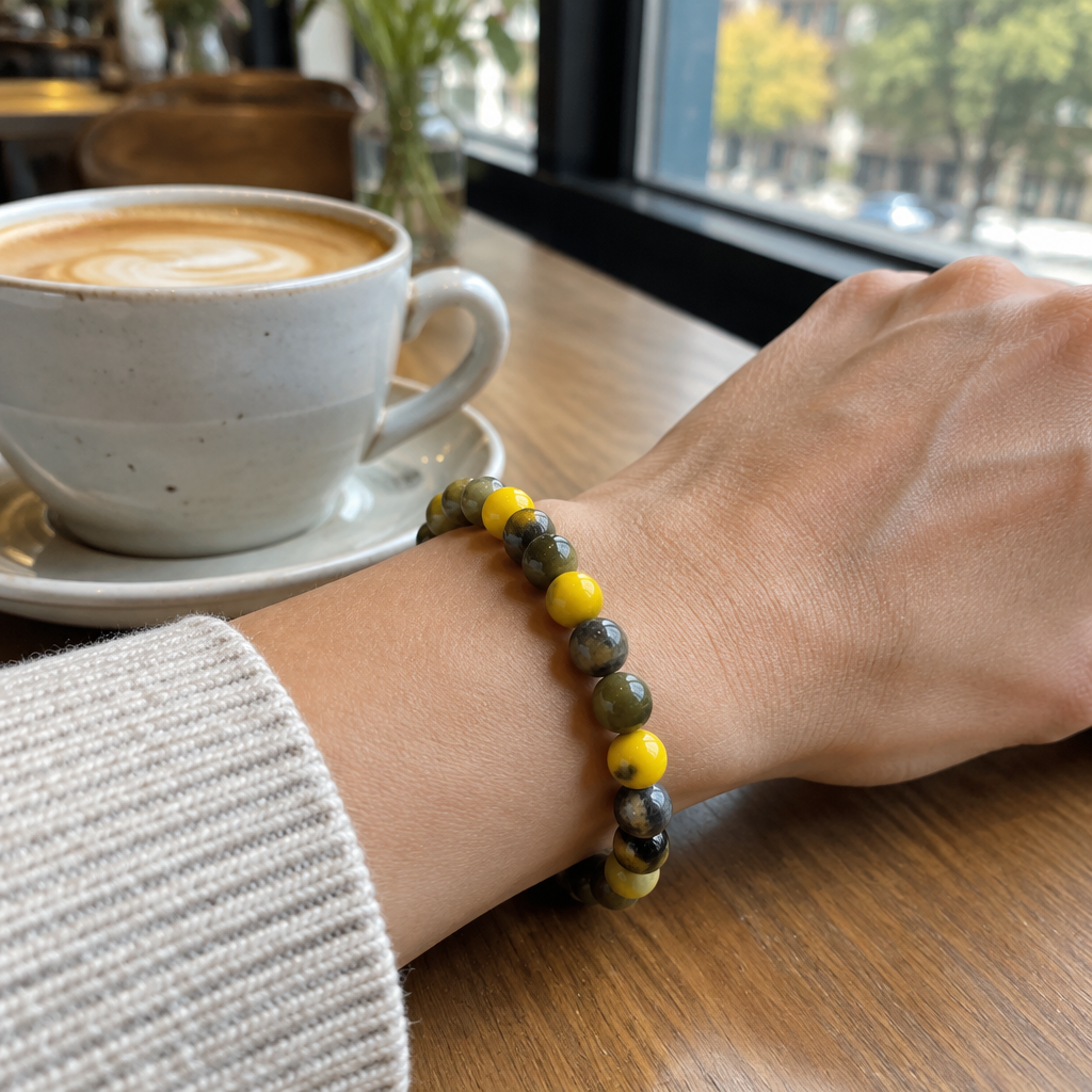 Bransoletka Grass Yellow Stone na nadgarstku, lifestyle restauracja