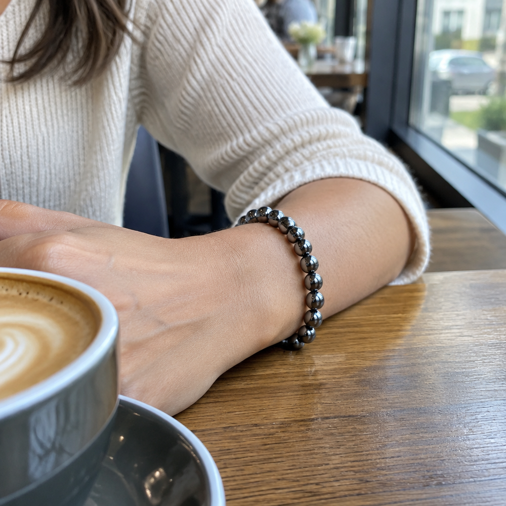 Bransoletka hematyt 8 mm na nadgarstku, lifestyle restauracja