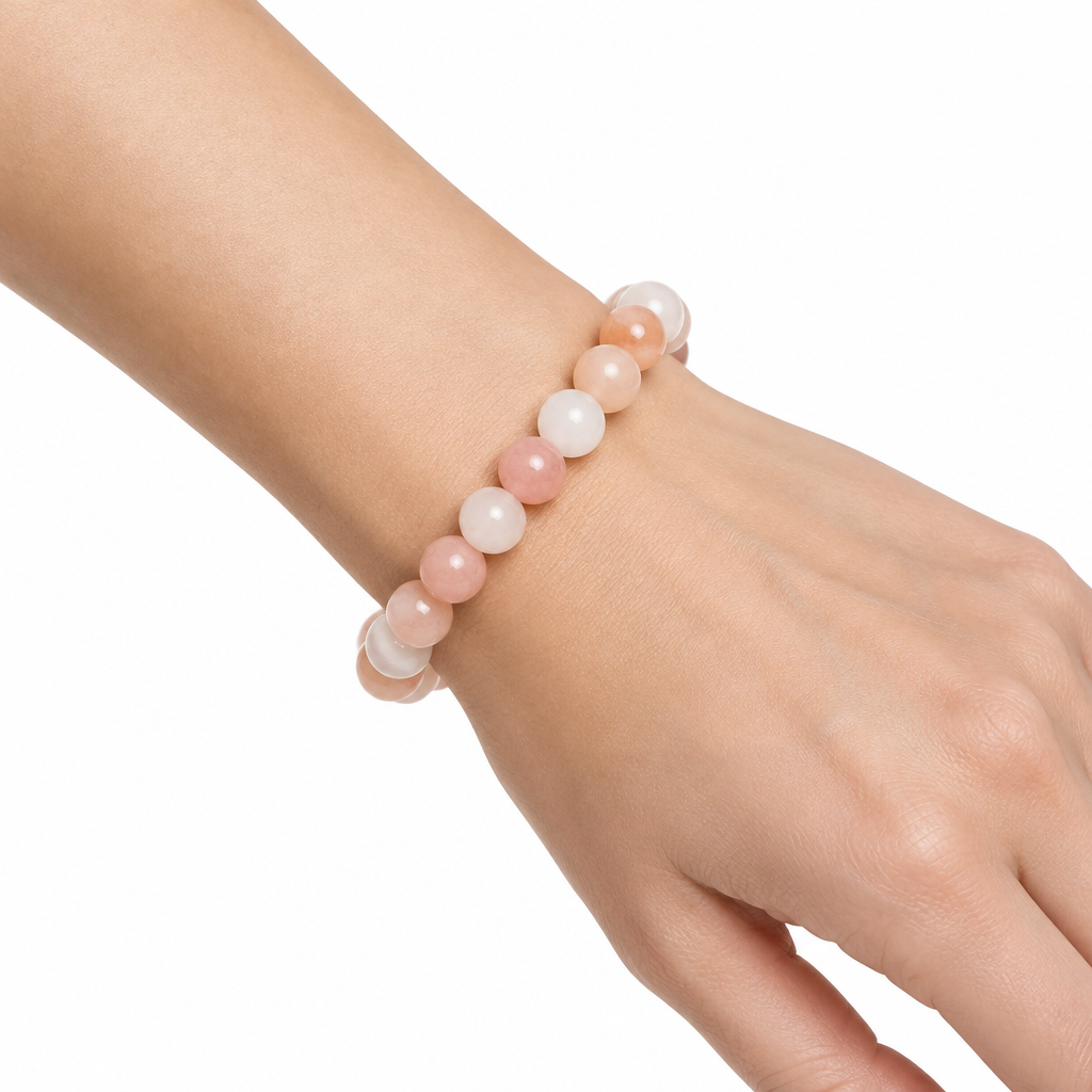 Bransoletka Pink Aventurine na nadgarstku modelki, biale tlo