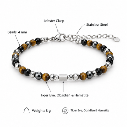 Bransoletka tiger eye obsidian hematite, specyfikacja po angielsku, 4 mm, 8 g
