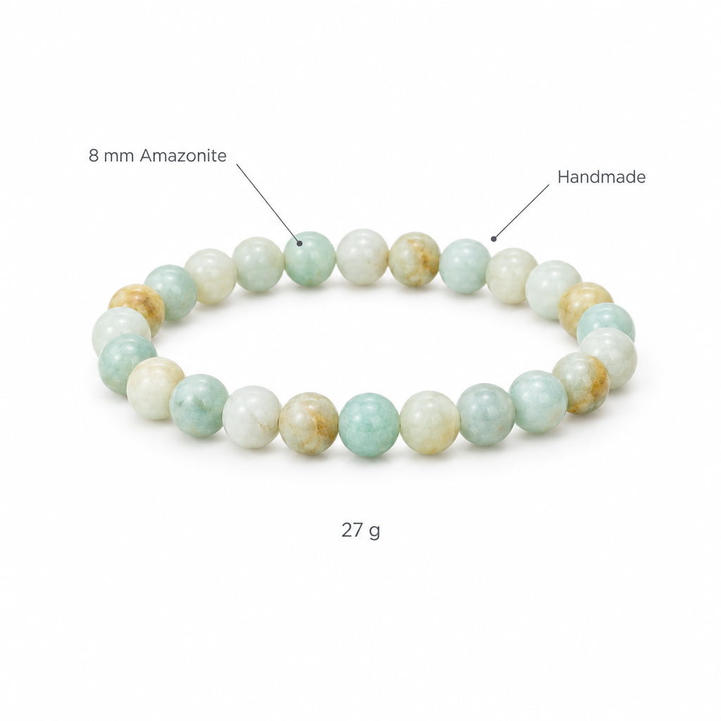 Bransoletka z amazonitu, specyfikacja na bialym tle, 8 mm Amazonite, Handmade, 27 g