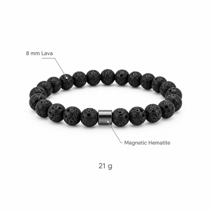 Bransoletka z kamienia lawy, specyfikacja na bialym tle, 8 mm Lava, Magnetic Hematite, 21 g