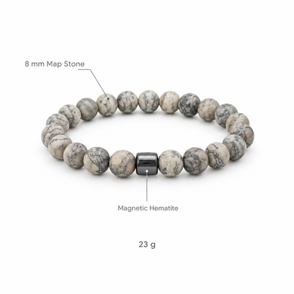 Bransoletka z kamienia mapowego, specyfikacja na bialym tle, 8 mm Map Stone, Magnetic Hematite, 23 g