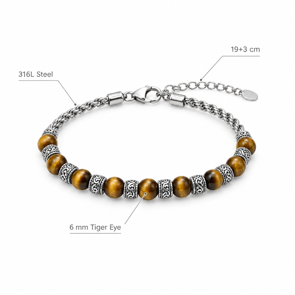 Bransoletka z zodtego oka tygrysa na lancuchu, specyfikacja na bialym tle, 6 mm Tiger Eye, 316L Steel, 19+3 cm