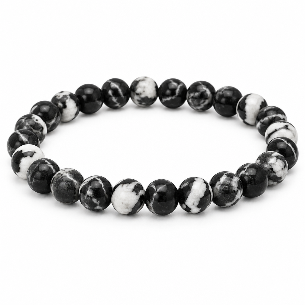 Bransoletka Zebra Jasper z czarno-bialym marmurkowaniem, produkt na bialym tle