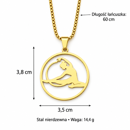 Zloty naszyjnik z sylwetka jogi z wymiarami: lancuszek 60 cm, zawieszka 3,8 x 3,5 cm, waga 14,4 g