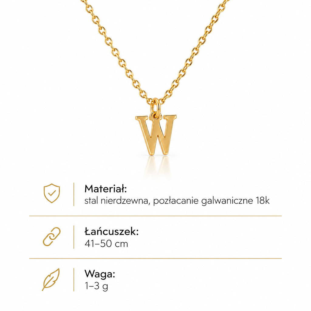 Specyfikacja złotego naszyjnika z literą W: łańcuszek 41–50 cm, waga 1–3 g