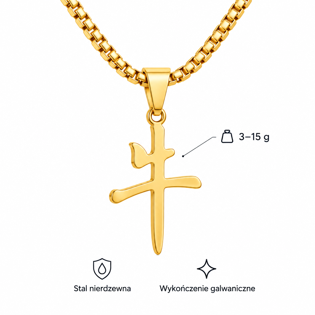 Specyfikacja złotego naszyjnika z chińskim znakiem: waga 3–15 g, stal nierdzewna, wykończenie galwaniczne