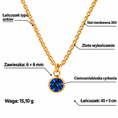 Specyfikacja naszyjnika: stal 304, złote wykończenie, ciemnoniebieska cyrkonia, zawieszka 6 × 6 mm, łańcuszek 45 + 5 cm, waga 15,10 g