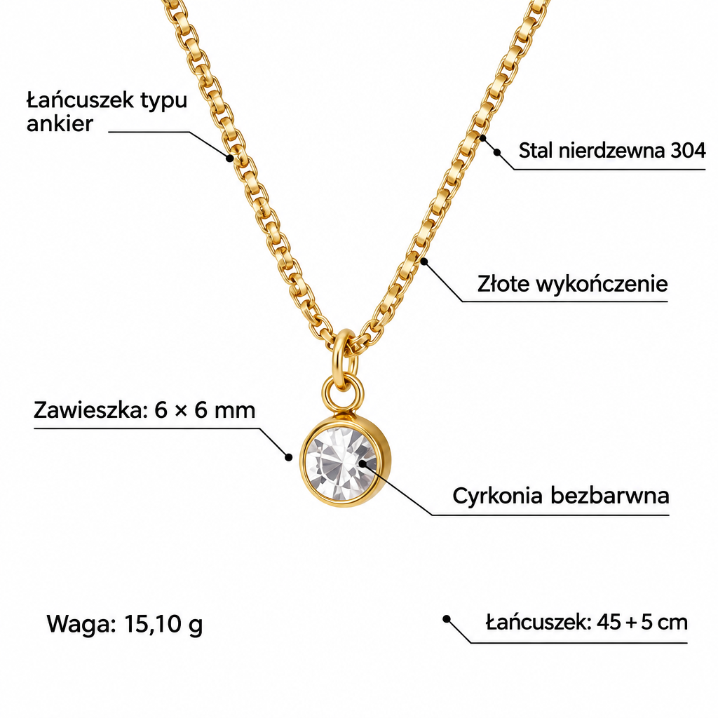 Specyfikacja złotego naszyjnika: stal 304, złote wykończenie, cyrkonia bezbarwna 6 × 6 mm, łańcuszek 45 + 5 cm, waga 15,10 g