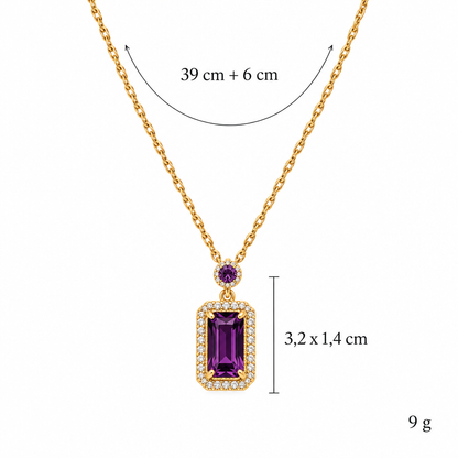 Wymiary naszyjnika z fioletową cyrkonią: długość 39 cm + 6 cm, kamień 3,2 x 1,4 cm, waga 9 g