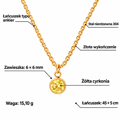 Specyfikacja naszyjnika: stal 304, złote wykończenie, żółta cyrkonia, zawieszka 6 × 6 mm, łańcuszek 45 + 5 cm, waga 15,10 g