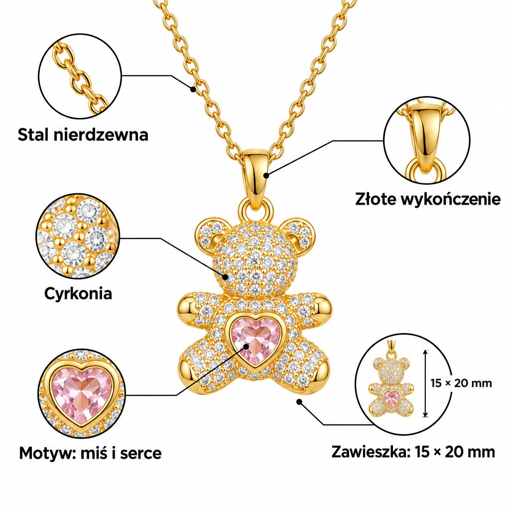 Specyfikacja złotego naszyjnika: stal nierdzewna, cyrkonia, motyw miś i serce, zawieszka 15 × 20 mm