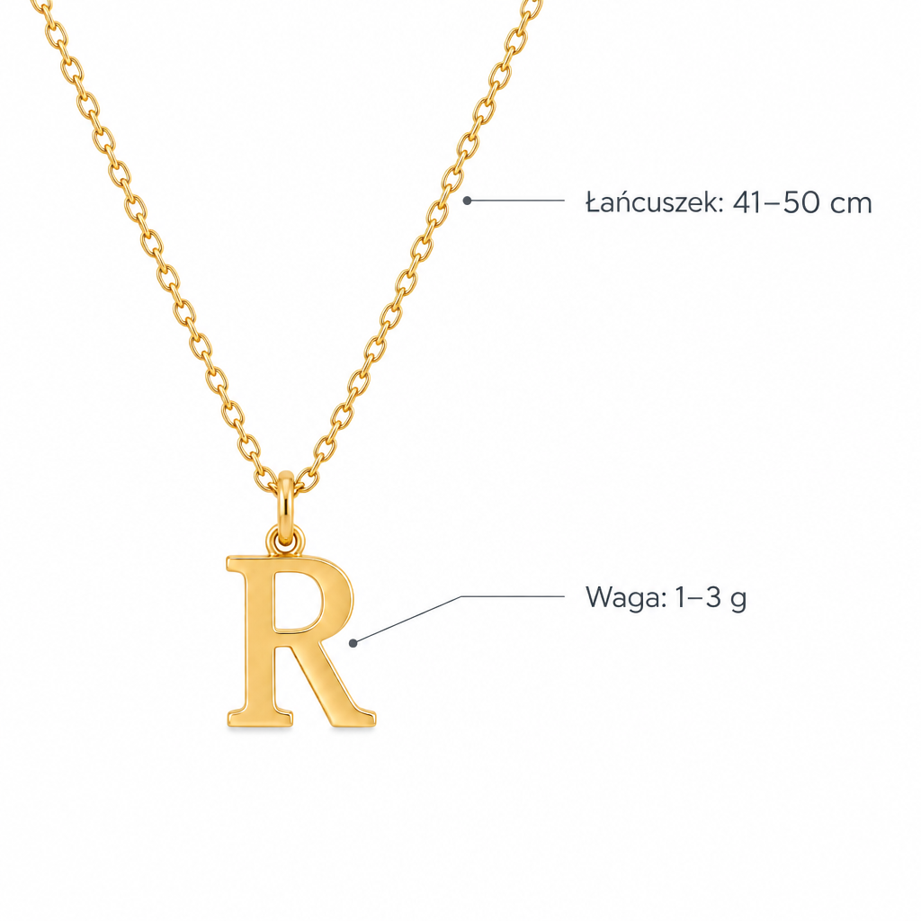 Złoty naszyjnik z literą R – specyfikacja: łańcuszek 41–50 cm, waga 1–3 g