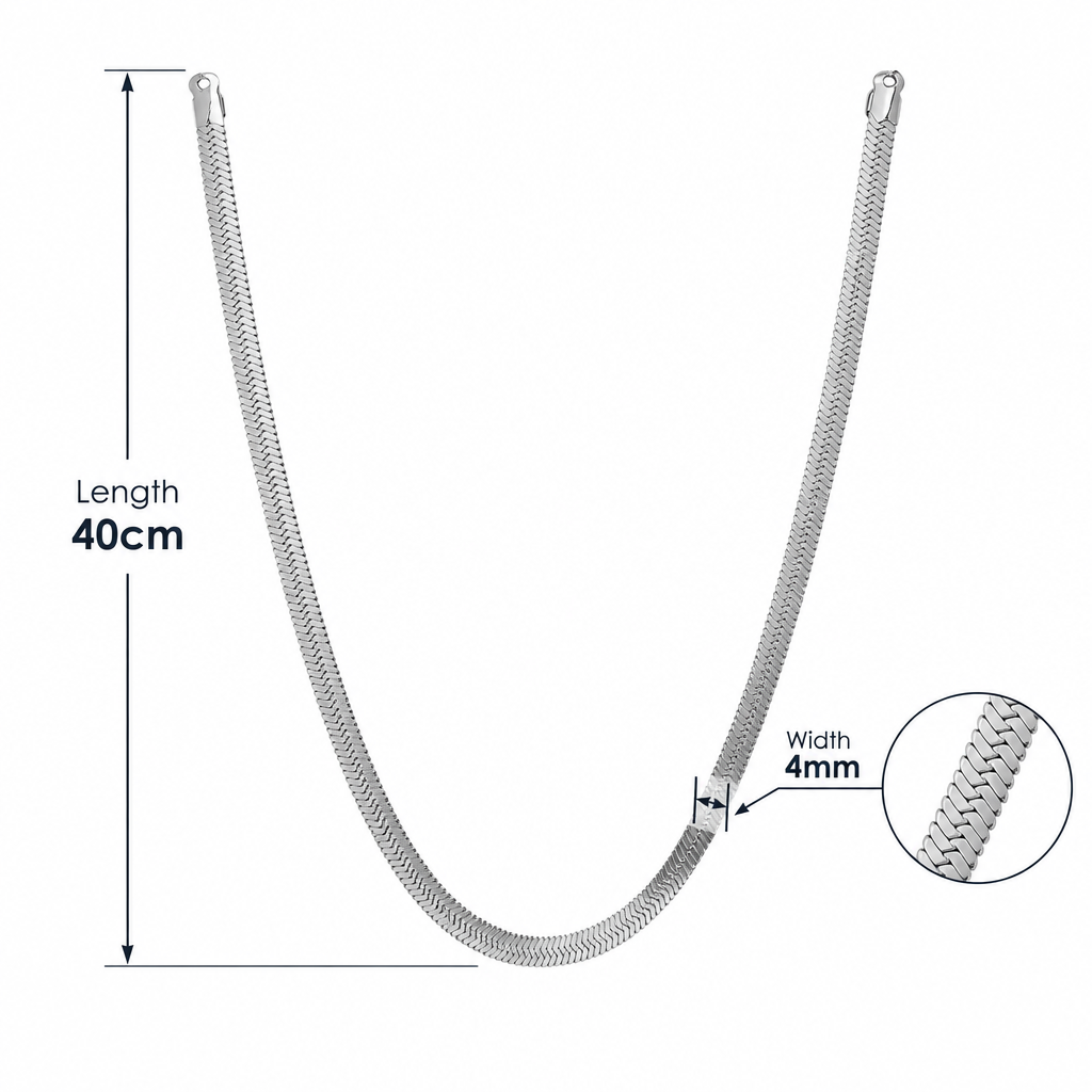 Specyfikacja srebrnego naszyjnika fiszbina z wymiarami: szerokość 4 mm, długość 40 cm