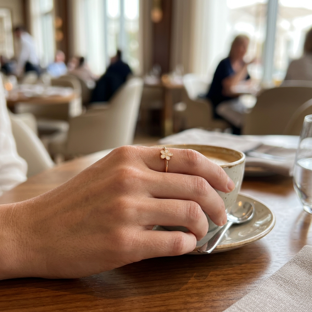 Jeden złoty pierścionek z kwiatkiem na dłoni przy kawie w restauracji