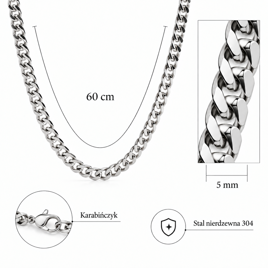 Wymiary naszyjnika pancerka ze stali nierdzewnej 304: długość 60 cm, szerokość 5 mm