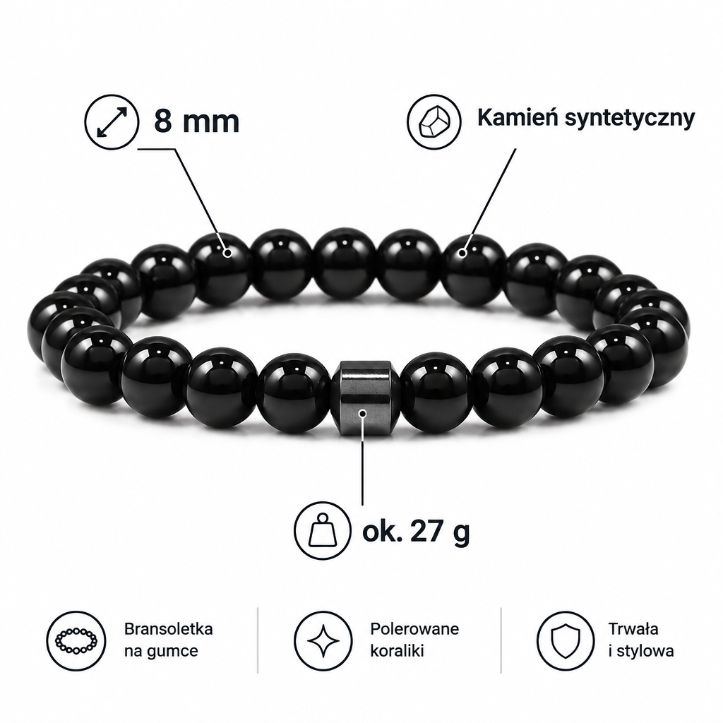Specyfikacja bransoletki: koraliki 8 mm, kamień syntetyczny, ok. 27 g – czarna bransoletka na białym tle