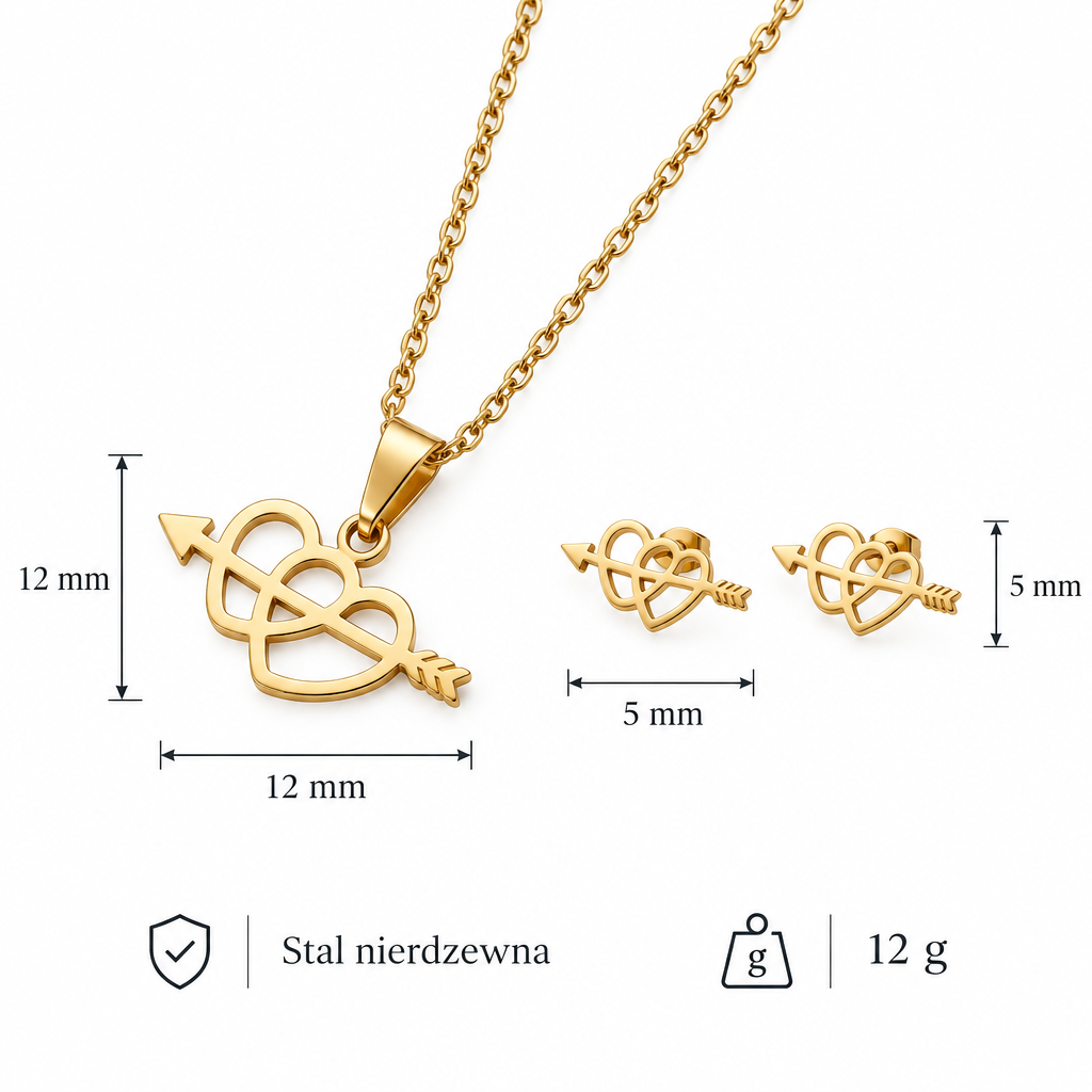 Wymiary zestawu serce ze strzałą: 12 mm x 5 mm, waga 12 g